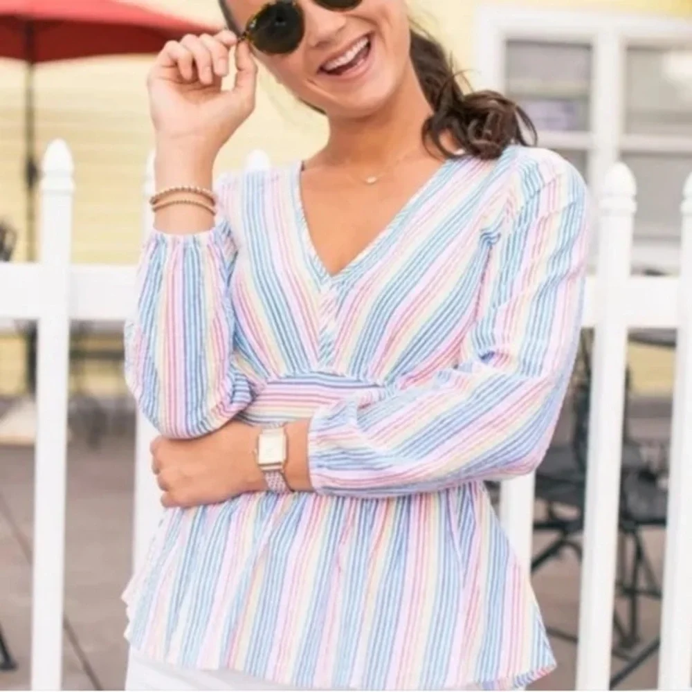 J. Crew V-neck Peplum Top Blouse in Rainbow Stripe Seersucker Size 00 XXS XS